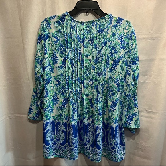 Lilly Pulitzer Marilina Tunic Top Blue and Green Lightweight Pull Over Size XL - Picture 2 of 8